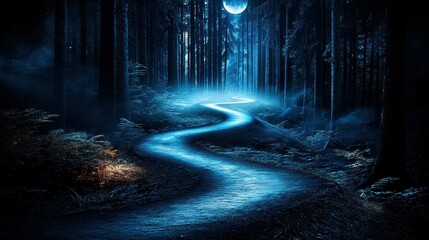Naklejka premium A winding path through a mysterious, dark forest illuminated by moonlight.