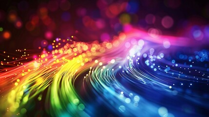 58. High-tech visualization of data transfer through fiber optics, with colorful light trails and futuristic digital elements