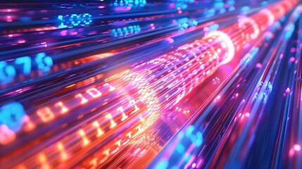 59. Detailed depiction of fiber optic cables transmitting data, with bright light streaks and binary code overlay