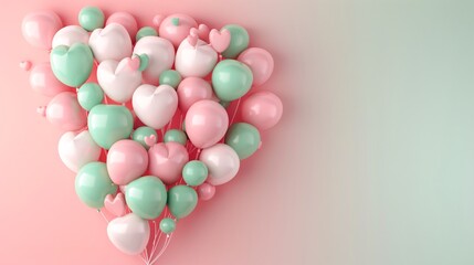 61. 3D render of pink, white, and green balloons arranged in a heart shape, floating against a soft pastel background with ample copy-space