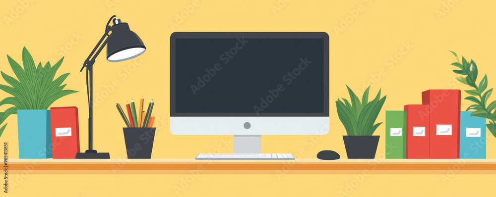 Poster a computer monitor sits on a desk with a lamp and a keyboard. the desk is cluttered with books and p