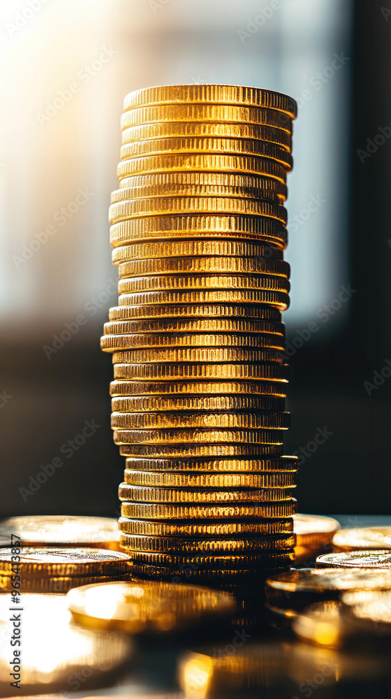 Aufkleber a stack of gold coins on a table. the coins are piled on top of each other, creating a tall tower. c