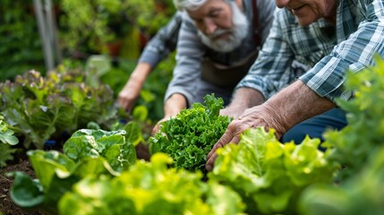 73. Close-up of senior hands gently picking vegetables, with the couple in the background enjoying their garden work