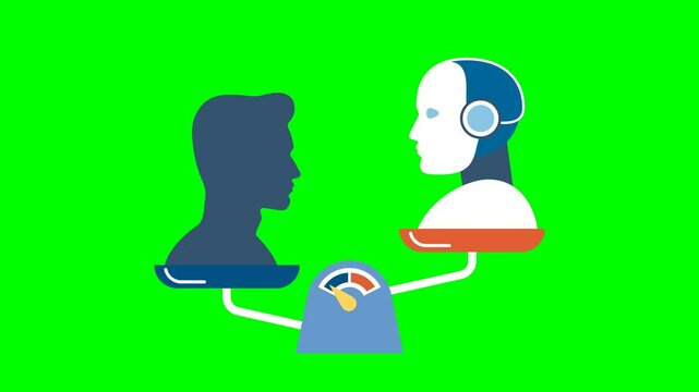 Advantage of human intelligence over artificial intelligence. Robot and man on scales. Artificial and natural intelligence are in scientific balance. AI automation. 2D flat animation. Alpha channel
