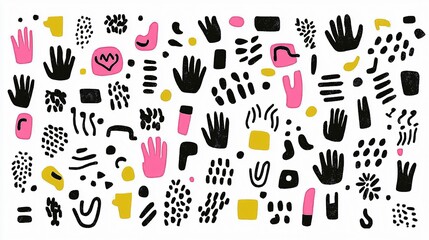 Abstract Hand Drawn Pattern with Pink and Black Shapes