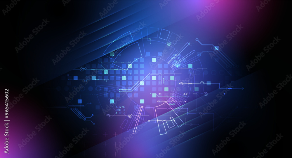 Poster abstract technological illustration with neon lights on a dark blue gradient background. this vector