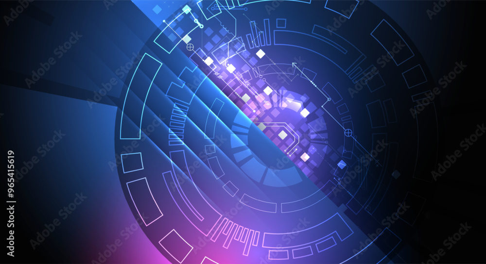 Poster abstract technological illustration with neon lights on a dark blue gradient background. this vector