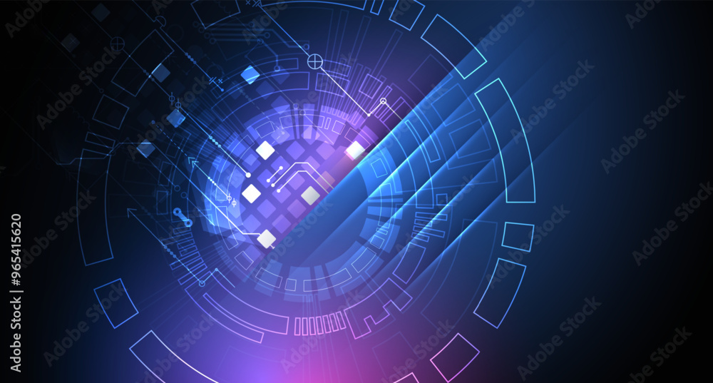 Poster abstract technological illustration with neon lights on a dark blue gradient background. this vector