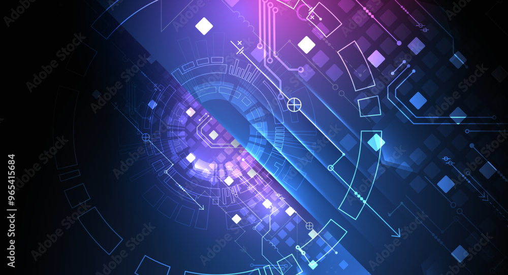 Poster abstract technological illustration with neon lights on a dark blue gradient background. this vector