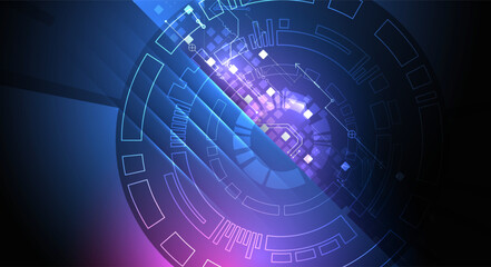 Abstract technological illustration with neon lights on a dark blue gradient background. This vector was hand drawn.