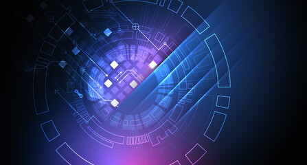 Abstract technological illustration with neon lights on a dark blue gradient background. This vector was hand drawn.