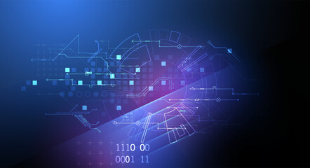 Abstract technological illustration with neon lights on a dark blue gradient background. This vector was hand drawn.