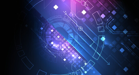 Abstract technological illustration with neon lights on a dark blue gradient background. This vector was hand drawn.