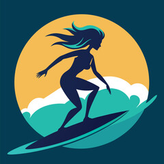 Silhouette of woman surfing on wave at sunset