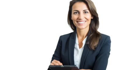 Attractive businesswoman using a digital tablet on transparent background PNG.