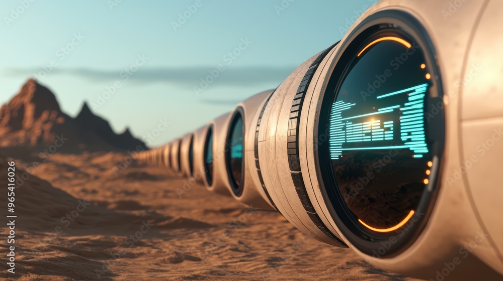 Poster futuristic oil and gas exploration holographic data streams in remote desert - with copy space