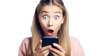 Shocked young woman read stressful or surprising message in smartphone on transparent background PNG. 
