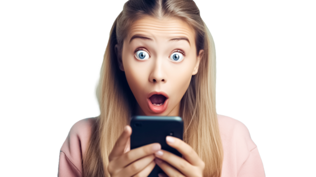 Shocked young woman read stressful or surprising message in smartphone on transparent background PNG. 
