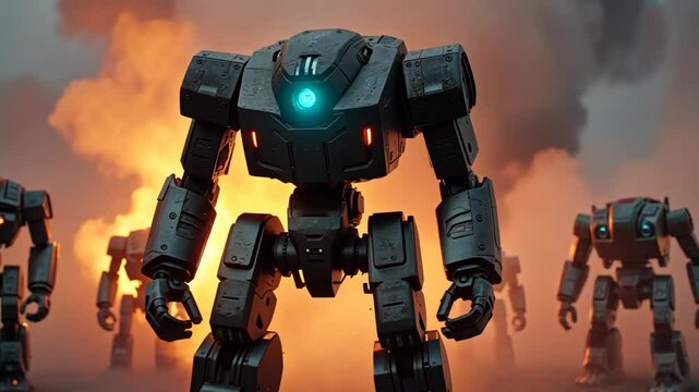 A group of robots navigates a smoky battlefield, illuminated by bright flames and explosions. The scene captures intense action and advanced technology in combat.