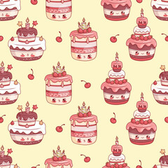 Seamless pattern with cute festive birthday cake with candles on yellow background with cherries. Funny holiday kawaii cartoon character. Vector illustration. Kids collection