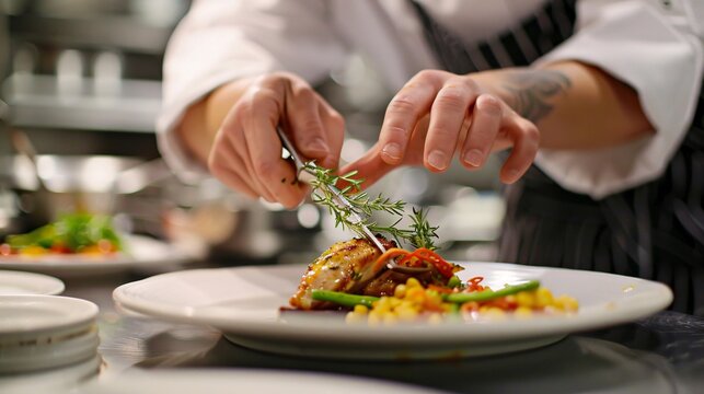105. Culinary student's hands preparing a sophisticated dish, with an emphasis on the careful placement of ingredients and spices for a fine dining experience