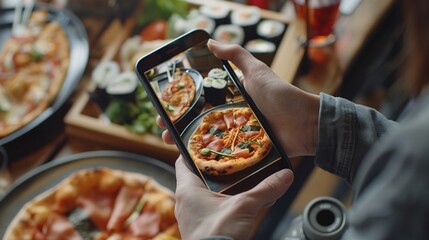 113. Hand holding a smartphone with an online menu featuring pizza, pasta, and sushi, highlighting the convenience of ordering food online