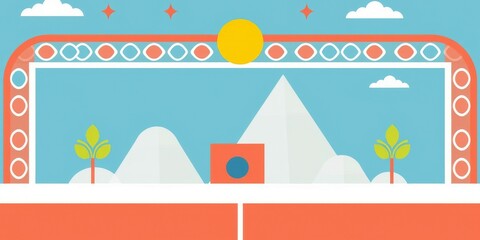 Naklejka premium A vibrant illustration with a mountain landscape and a red frame.