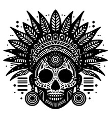 Tribal skull with intricate feathered headdress in a bold tattoo style. This black and white design is ideal for Halloween or Dia de los Muertos themes, combining tribal art with spooky and gothic ele