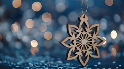 120. Wooden snowflake ornament in detailed focus, against a rich blue background with soft bokeh, evoking a wintery, festive feel