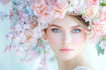 A stunning woman adorned with a large floral headpiece made of soft pink and white flowers