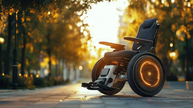 Innovative assistive devices for mobility, electric wheelchair with AI control, ergonomic design, urban environment, advanced tech in everyday life