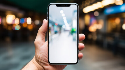 Hand holding smartphone in indoor mall