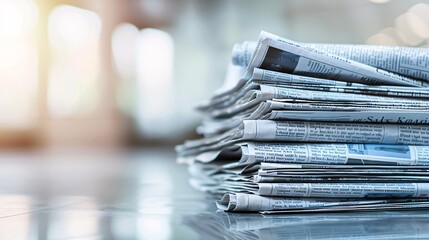 129. Pile of newspapers with visible headlines and articles, set against a blurred background to draw focus on the stack
