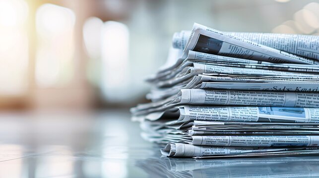 129. Pile of newspapers with visible headlines and articles, set against a blurred background to draw focus on the stack