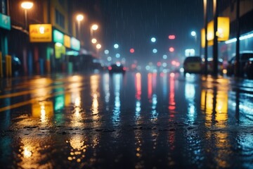A bustling night city street with cars speeding along the road, bright lights illuminating the urban scene, and tall buildings towering over the dark