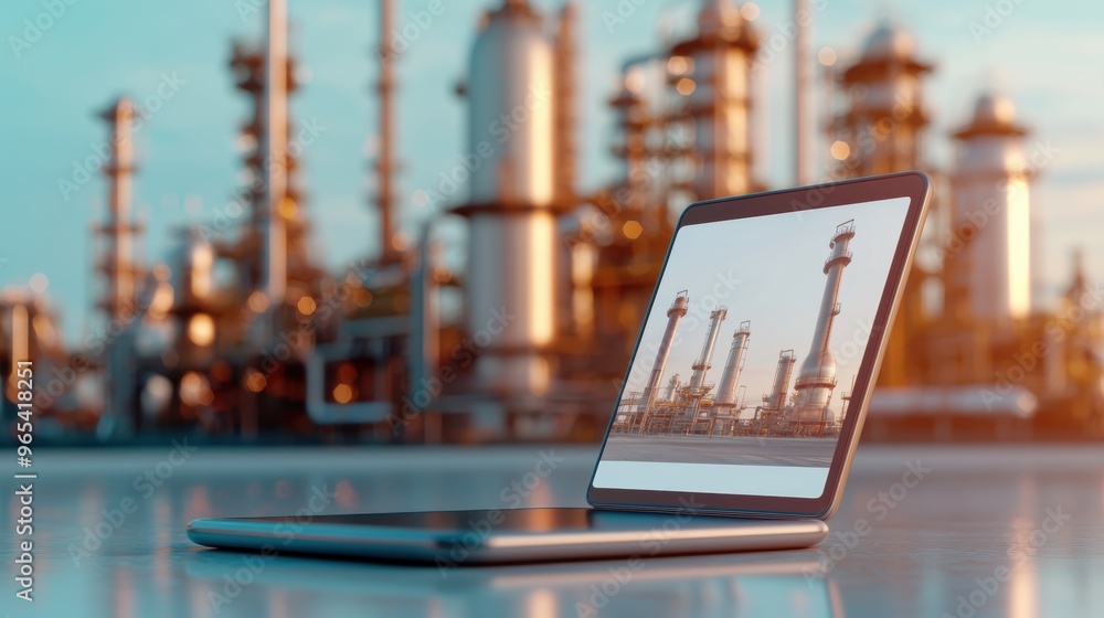 Poster cutting-edge augmented reality interface in futuristic oil refinery - with copy space and selective 