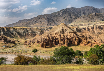 Mountains with hoodos on a clear day in Kyrgyztan