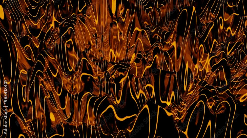 Poster orange stripes moving on deforming black glossy stripe. 3d render. looped animated abstract backgrou