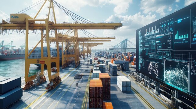 A busy port where containers are unloaded by electric cranes and loaded onto ships powered by alternative fuels, with digital dashboards displaying real-time data on reduced carbon emissions.