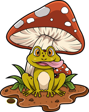 Cartoon froge palying under the mushroom 