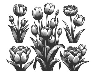 tulips flowers in engraving style, perfect for botanical themes sketch engraving generative ai raster illustration. Scratch board imitation. Black and white image.