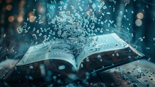 162. Close-up of an open book with letters appearing to float and scatter across the pages, representing dyslexia