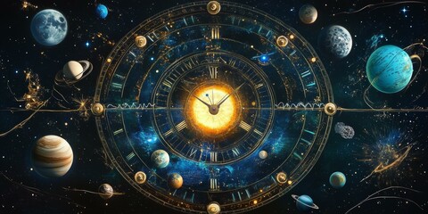 Celestial clock face with planets and stars.