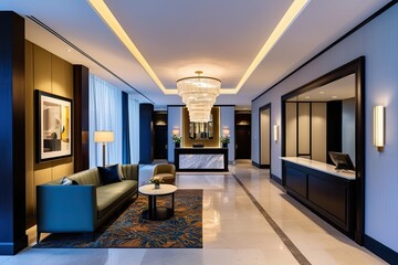 Fototapeta premium Luxury Hotel Lobby with Chic Lounge Modern Reception Desk and Welcoming Contemporary Design