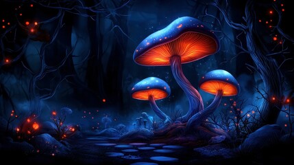 Obraz premium Glowing blue mushrooms in a mystical dark forest at night.