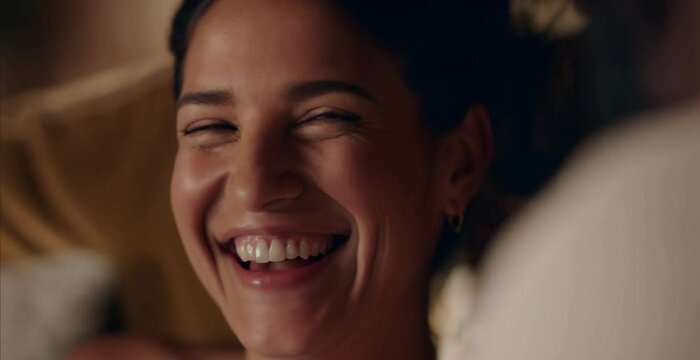 Smiling woman shy pretty face, looking at man, laughing, closeup portrait