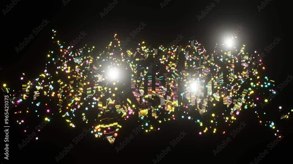 Poster multicolored glowing spheres on deforming black glossy strip. 3d render. looped animated abstract ba