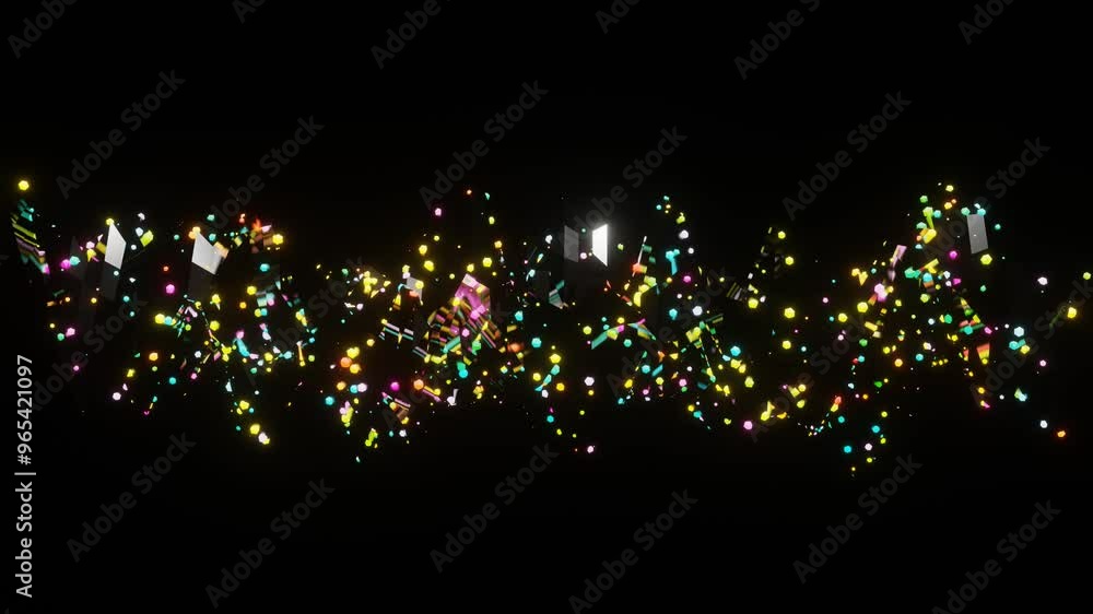 Poster multicolored glowing spheres on deforming black glossy strip. 3d render. looped animated abstract ba