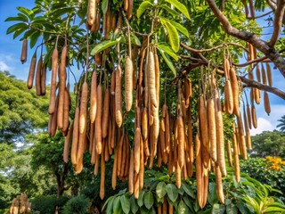 A majestic tree towers above, its sturdy limbs adorned with clusters of cigar-shaped seed pods, 25 to 30 inches in length, swaying gently in the breeze.