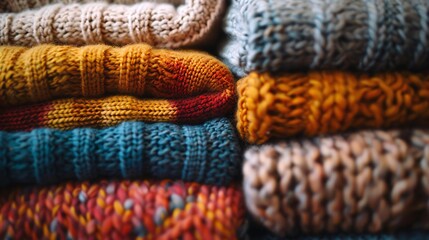 Fototapeta premium 17. Close-up of folded knitted sweaters in a range of textures and hues, stacked in an orderly fashion.